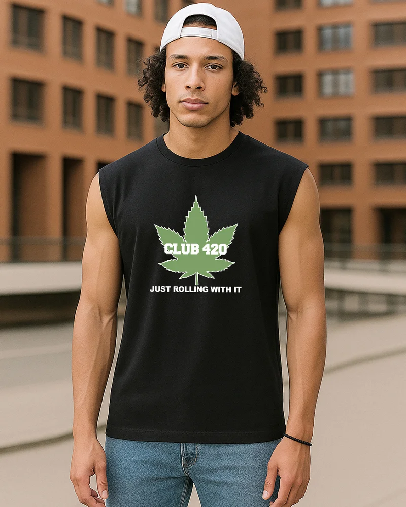 bewakoof Men's Jet Black 420 Club Graphic Printed Oversized Vest